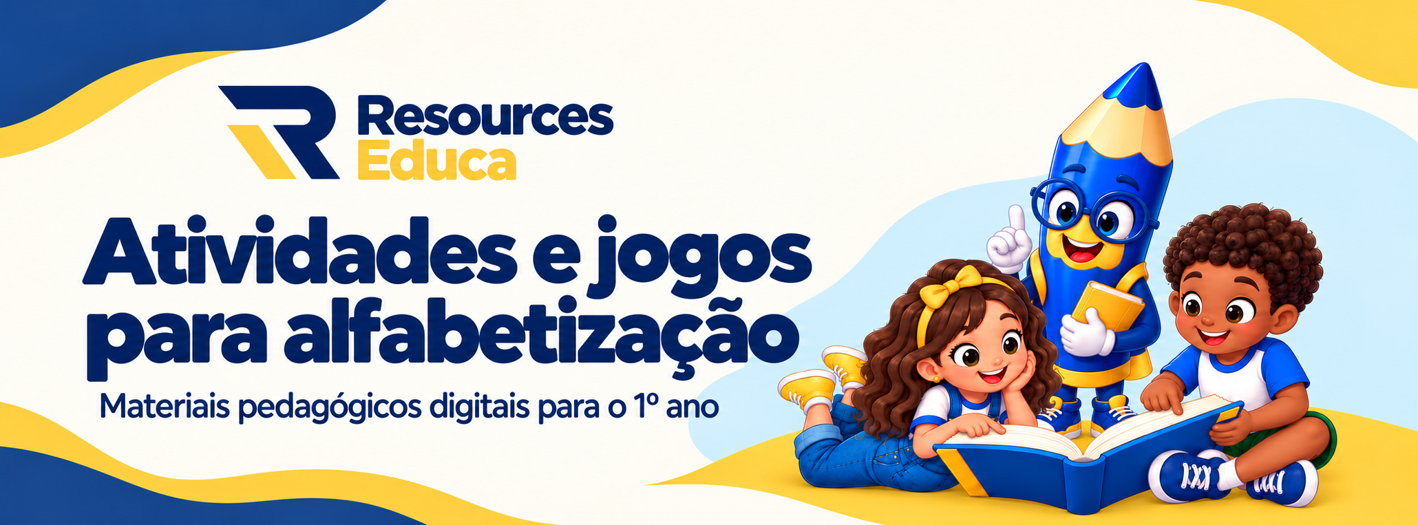 Personagens e mascote oficiais da RESOURCES EDUCA com um livro